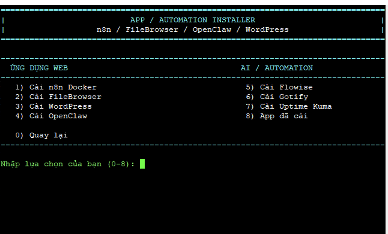 Menu App / Automation Installer trên CLI