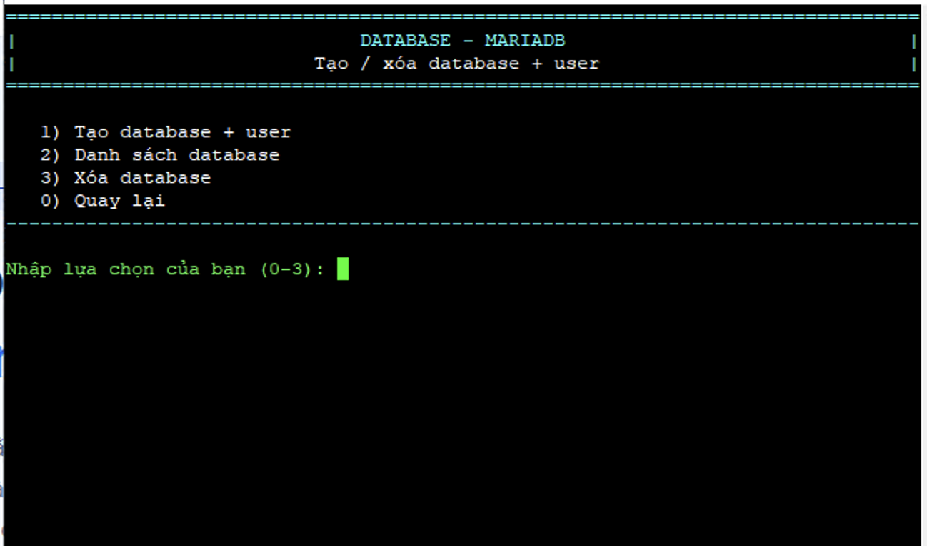 Menu Database MariaDB trên CLI: tạo, liệt kê, xóa database và user