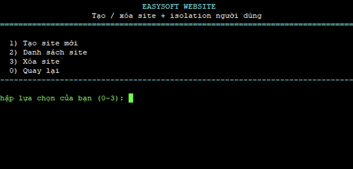 Menu quản lý Website trên CLI: tạo, liệt kê, xóa site