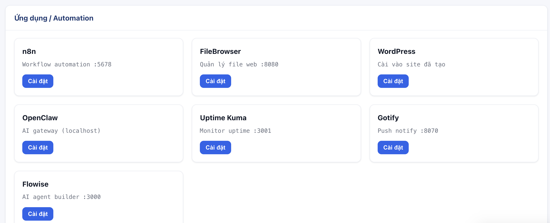 Trang Ứng dụng Automation trên Web UI với các thẻ n8n, FileBrowser, WordPress, Uptime Kuma, Gotify, Flowise