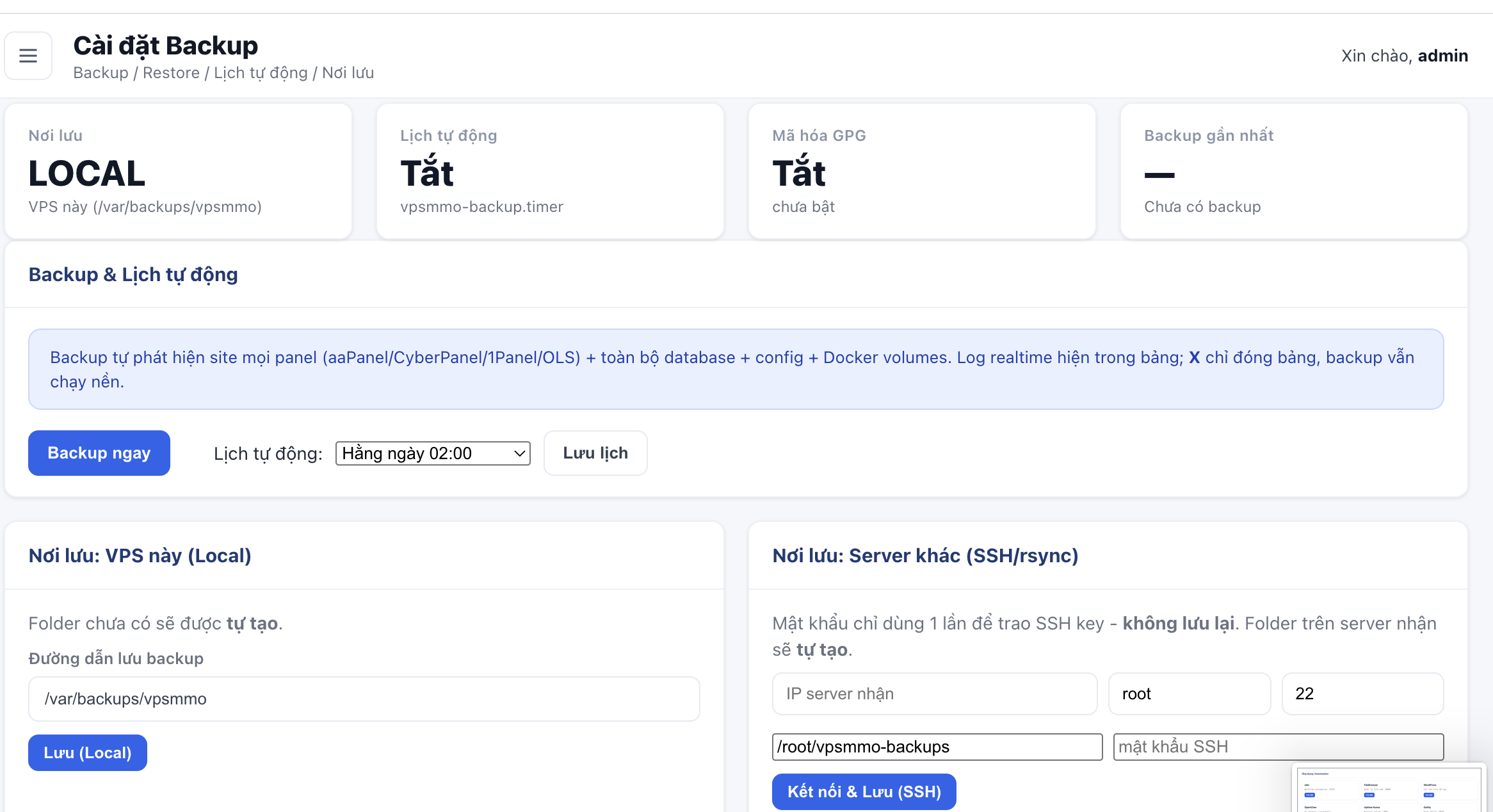 Trang Cài đặt Backup trên Web UI: nơi lưu, lịch tự động, mã hóa