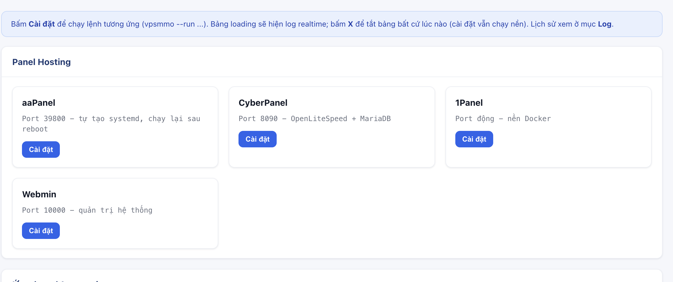 Trang cài Panel Hosting trên Web UI với thẻ aaPanel, CyberPanel, 1Panel, Webmin