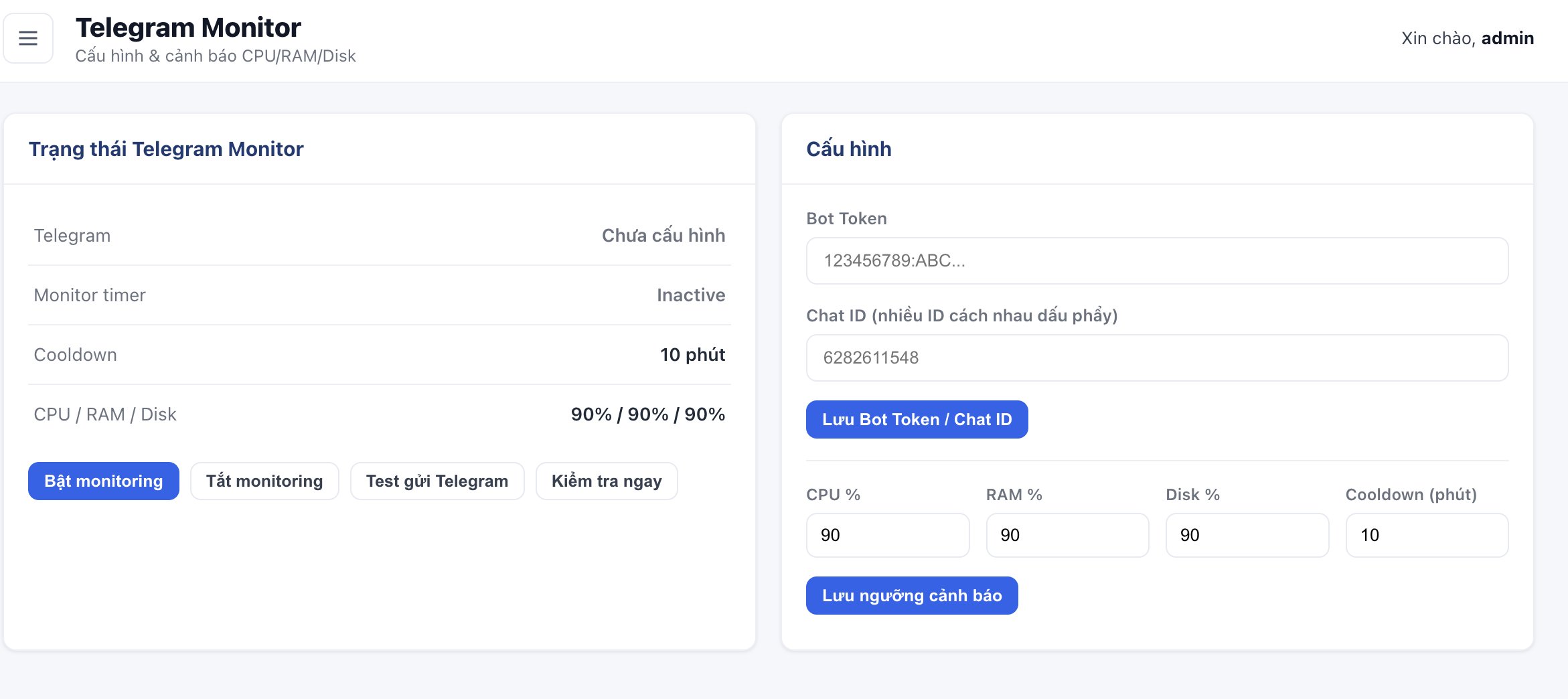 Trang Telegram Monitor trên Web UI: bot token, chat ID, ngưỡng CPU RAM Disk